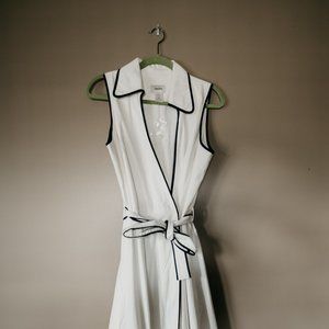 Plunge V-Neck Black-trimmed White Dress with Tie